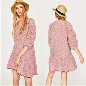 Zara Red and White Pinstripe Dress w Ruffle